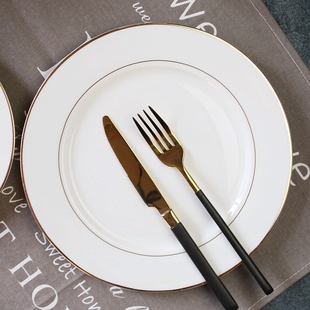 金边早餐盘圆形西餐盘创意，餐具家用碟子，骨瓷菜盘子平盘陶瓷牛排盘