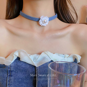 蓝色牛仔布珍珠花朵chocker颈链颈带项链脖子配饰女款2024
