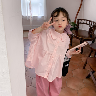 韩版童装2023春款女童粉色，娃娃领蝙蝠袖，娃娃衫上衣儿童九分袖衬衫