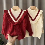 儿童新年红色毛衣女童半高领，假两件套针织衫女宝宝冬装，花边毛线衣(毛线衣)