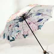浮羽遮阳伞内外花蕾丝刺绣双层彩胶防晒晴雨伞三折叠花朵伞包便携