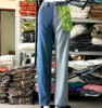 地球店绿色图案ab面，拼接高腰牛仔裤，女2023年秋季直筒宽松长裤