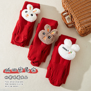 女童打底裤冬季中式红色兔，子婴童棉羊羔绒，加厚新年卡通宝宝连裤袜