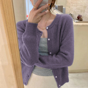 紫色针织开衫女士2023秋冬洋气叠穿内搭上衣宽松短款毛衣外套