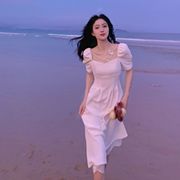 仙女裙泡泡袖连衣裙法式白色，裙子2024海边度假夏沙滩(夏沙滩)长裙超仙