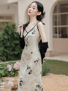 新中式提花雪纺v领吊带连衣裙+黑色开衫两件套文艺复古淑女连衣裙