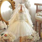女童洛丽塔公主裙春秋装，2024宝宝白色生日宴周岁，礼服花童白色裙子