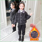 女童牛仔套装冬装2022洋气，时髦中大童加绒两件套韩版儿童外套