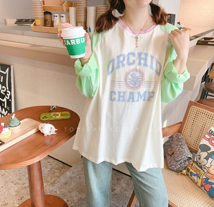兔美善韩国女装24春新 青草绿活力字母拼色插肩袖防晒长袖T恤