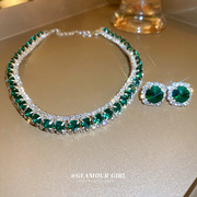 镶钻祖母绿方形耳钉项链两件套潮流，高级感优雅耳环，小众百搭套装女