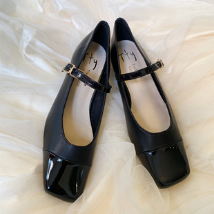 经典黑法式一字带玛丽珍单鞋杂志款浅口方头，粗跟高跟鞋复古奶奶鞋