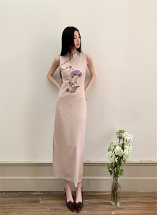 新中式裸色网纱紫调印花旗袍女2024夏季时尚，优雅小众连衣裙