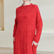 大红色羊毛裙秋冬装宽松长款针织连衣裙时尚中年妈妈打底裙大码女