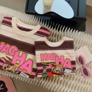 Spring韩国童装 2023夏季亲子装彩色条纹卡通字母T恤儿童圆领上衣