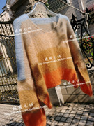 暖暖毛线编织材料包时尚宽松条纹拼色V领马海毛毛衣 非成衣可定织