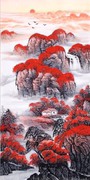 鸿运当头玄关背景墙壁纸客厅走廊竖版墙纸8D国画山水风景壁画定制