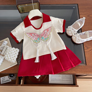 女童夏季套装2024宝宝夏天国风短袖小女孩衣服夏装裙子两件套
