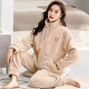韩版睡衣女秋冬季2023保暖纯色宽松拉链可外穿加厚家居服套装