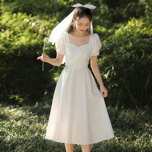 领证小白裙结婚裙子登记情侣装，轻婚纱订婚礼服平时可穿法式连衣裙