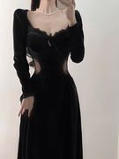法式气场强大女装礼服裙高端轻奢小众复古黑色丝绒连衣裙秋季