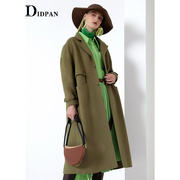 IDPAN女装冬季设计长款外套职场气质军绿色西装领羊毛长大衣