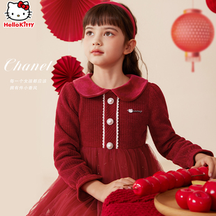 女童连衣裙2023冬装儿童，小香风网纱裙子加厚新年装红色拜年服
