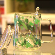 创意双层隔热玻璃水杯带盖带勺加厚耐高温果汁杯 奶茶杯办公室杯