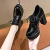 女鞋2024春秋小皮鞋12cm防水台超高跟粗跟系带黑色单鞋女