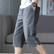 棉麻七分裤男士夏季薄款直筒半截中褲子宽松条纹外穿7分休闲短裤