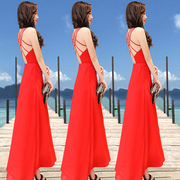 吊带红色连衣裙2020女夏雪纺(夏雪纺，)裙子性感，露背沙滩裙海边度假长裙