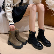 tatalory女靴厚底短筒靴子，马丁靴女拼接法式复古皮带扣2023冬季