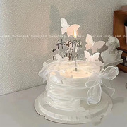 白色糯米纸威化蝴蝶蛋糕，装饰插件蜡烛，仙女生日快乐插牌鱼尾纱丝带
