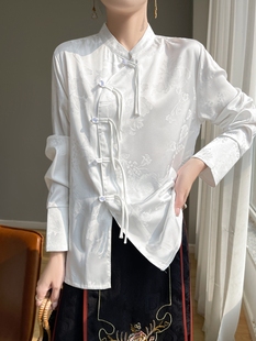 新中式国风立领盘扣衬衫，女夏薄提花长袖衬衣宽松外穿缎面旗袍上衣