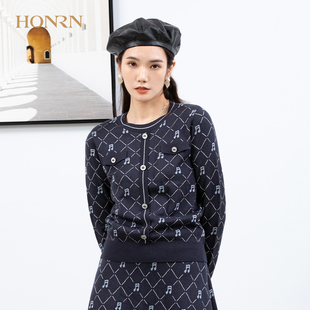 HONRN/红人藏蓝色修身长袖圆领套头羊毛毛衣针织衫上衣女春秋