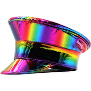七彩镭射漆皮平顶帽女派对pu皮质海军帽跨境亮面演出贝雷帽帽子