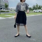 蓬蓬98032022复古格子，七分袖打底衫黑色半裙时尚女