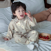 韩系儿童家居服纯棉春秋季卡通翻领男女童睡衣小孩子开衫长袖套装
