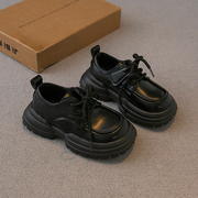 儿童皮鞋2023冬季男童鞋子女童，公主鞋二棉，加绒黑色单鞋中大童
