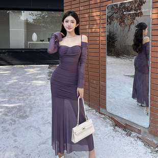 girlsat18紫色网纱长袖连衣裙，女秋冬性感辣妹，包臀气质鱼尾裙长裙