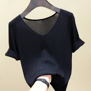冰丝短袖t恤女装2023夏季韩版修身半袖，v领针织打底衫上衣女潮