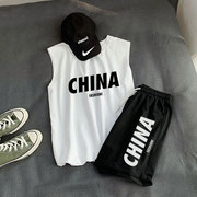 china国潮牌夏季无袖，背心两件套装男女学生坎肩，衣服五分休闲短裤