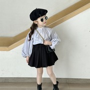 条纹立领衬衫2024春季韩版女童泡泡袖，上衣宽松衬衣黑色百褶裙