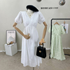 法式白色连衣裙女夏季设计感气质泡泡袖v领绑带收腰玫瑰绣花长裙