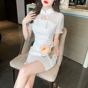 2023法式雪纺泡泡袖连衣裙，小个子性感镂空旗袍改良女夏高级感