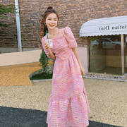 粉色格子连衣裙女夏季法式气质甜美高腰，长款及脚踝桔梗裙