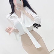 韩国东大门春季气质女人味，温柔飘带半开领微透长袖衬衫女上衣