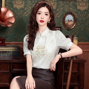 复古新中式穿搭减龄雪纺，衫女夏季刺绣短袖衬衫中国风，立领盘扣上衣