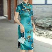 女士真丝旗袍2023夏季桑蚕丝改良中国风复古修身印花富贵绿连衣裙