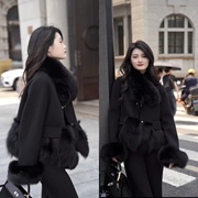 2024年冬季韩版黑色重工高品质，狐狸毛加厚(毛，加厚)小个子双面呢外套女