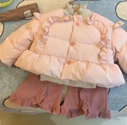 韩国女童木耳边羽绒服冬女宝毛衣喇叭裤，浅粉色90%白鸭绒(白鸭绒)防水外套